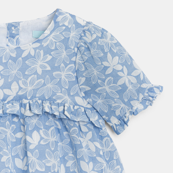 فستان قطن وكتان زهري أزرق اللون للفتيات الرضع 